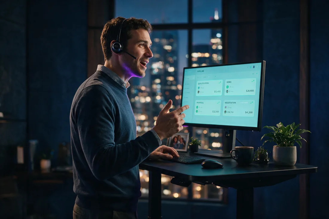 A sales rep on a headset call standing at a desk reviewing a pipeline dashboard