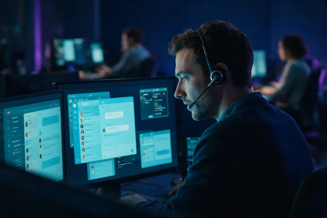 A support specialist wearing a headset working chat queues across two monitors