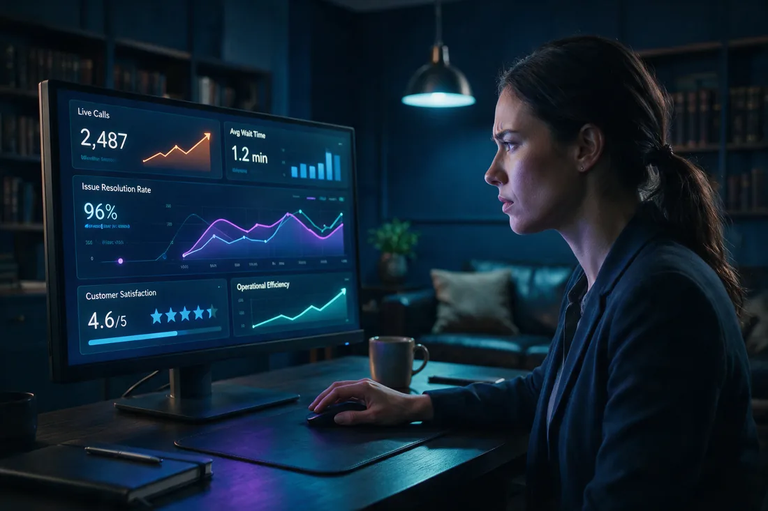 An operations analyst reviewing reporting charts on a large monitor