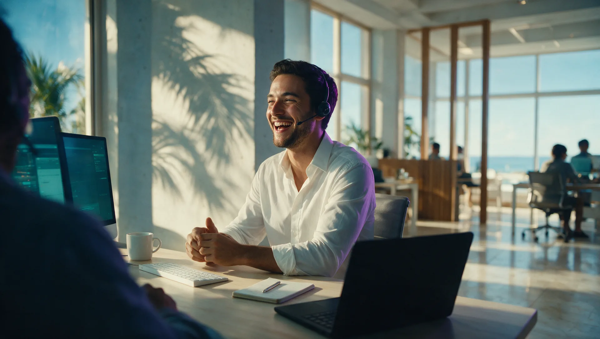 A support professional wearing a headset working at a bright seaside office